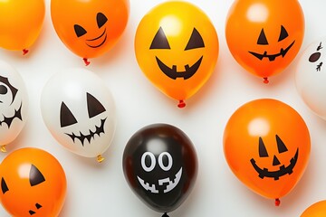 Obraz premium Halloween balloons on a white background: orange balloon with a jack-o'-lantern face, black and grey ghostly faces, pure-white balloon. Halloween party decoration or greeting card design.