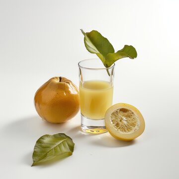 Medium shot of Ugli fruit juice in a glass near the Ugli fruit, isolated on a white background 