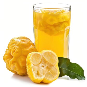 Medium shot of Ugli fruit juice in a glass near the Ugli fruit, isolated on a white background 