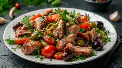 Fototapeta premium Bulgarian national cuisine: Salad with pork legs, olives and garlic.
