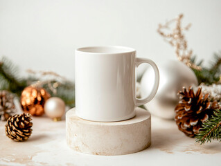 White cup of coffee on a white background with christmas decorations.
