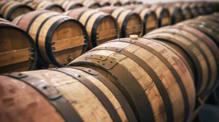 Rows of neatly arranged oak barrels, bathed in soft light, suggesting a serene and orderly aging process in a traditional winery or distillery.