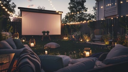 A charming backyard movie setup with a large screen and string lights, surrounded by comfortable seating, lanterns, and lush greenery under the evening sky.