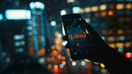 A hand grips a smartphone displaying a dynamic data graph, set against a backdrop of a brightly-lit city at night, showcasing high-tech urban dynamics.