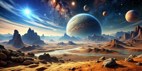 A Distant World - A digital painting depicting a desolate alien landscape with towering mountains, a winding river, and a large planet in the sky, exoplanet, alien world, sci-fi landscape, digital art