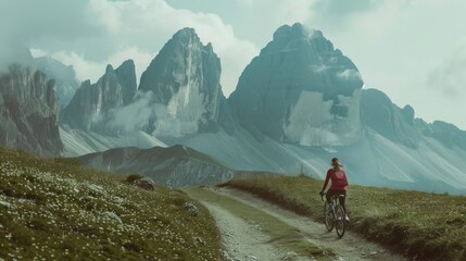 Obraz premium A cyclist pedals along a rugged path leading towards majestic, misty mountains in the distance, embodying adventure and solitude in this natural landscape.