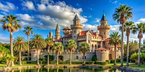 Obraz premium A Fairytale Castle Amidst Palm Trees, A picturesque view of a grand castle with towering spires and a moat