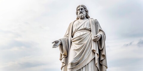 Obraz premium A Low Angle View of a Marble Statue of a Man with a Beard and Long Hair, Wearing a Robe, Standing Against a Cloudy Sky, Statue, Marble, Sky, Religion