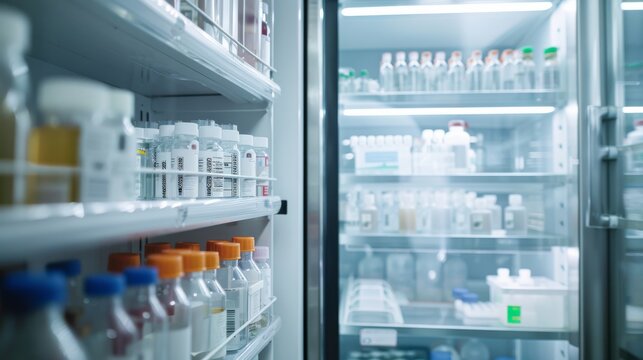 An open refrigerator packed with an assortment of medication bottles and research vials, highlighting the organizational precision in a medical lab environment. - Powered by Adobe