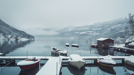 Fototapeta premium Snow-dusted boats docked quietly on a serene lake, surrounded by snow-capped mountains and shrouded in a wintry fog.