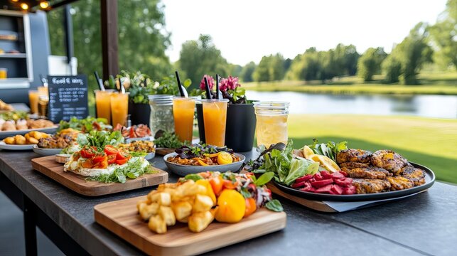 Outdoor food truck dining experience, scenic park setting, gourmet meals served, social gathering, alfresco dining, relaxed atmosphere, foodie destination