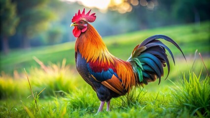 Fototapeta premium A Vibrant Rooster in a Lush Green Meadow, Photography Composition, Bright Feathers, Nature, Bird, Rooster, Meadow