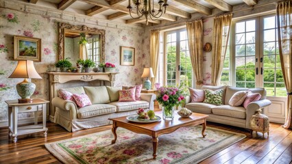 Fototapeta premium A Vintage Living Room with Floral Wallpaper and French Doors, Wide Shot, Two Couches, Wooden Floor, Coffee Table, Rug, Chandelier