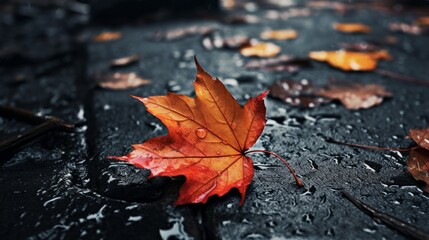 Close up of orange autumn foliage on wet asphalt road after rain. Neural network ai generated art