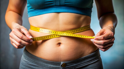Woman Measuring Waist With Tape Measure, Weight Loss, Fitness, Healthy Lifestyle.