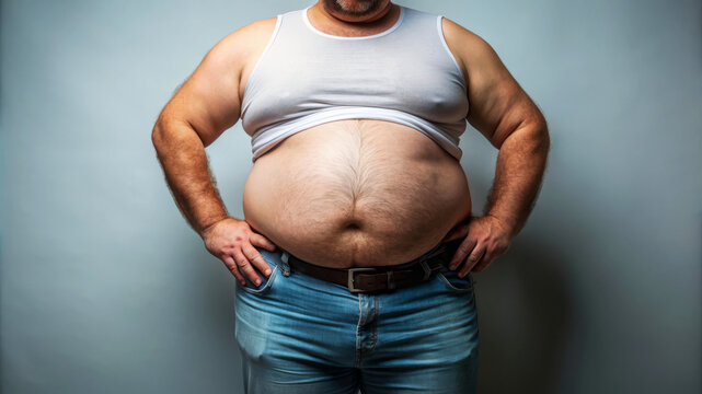 Overweight Man In White Tank Top And Jeans.