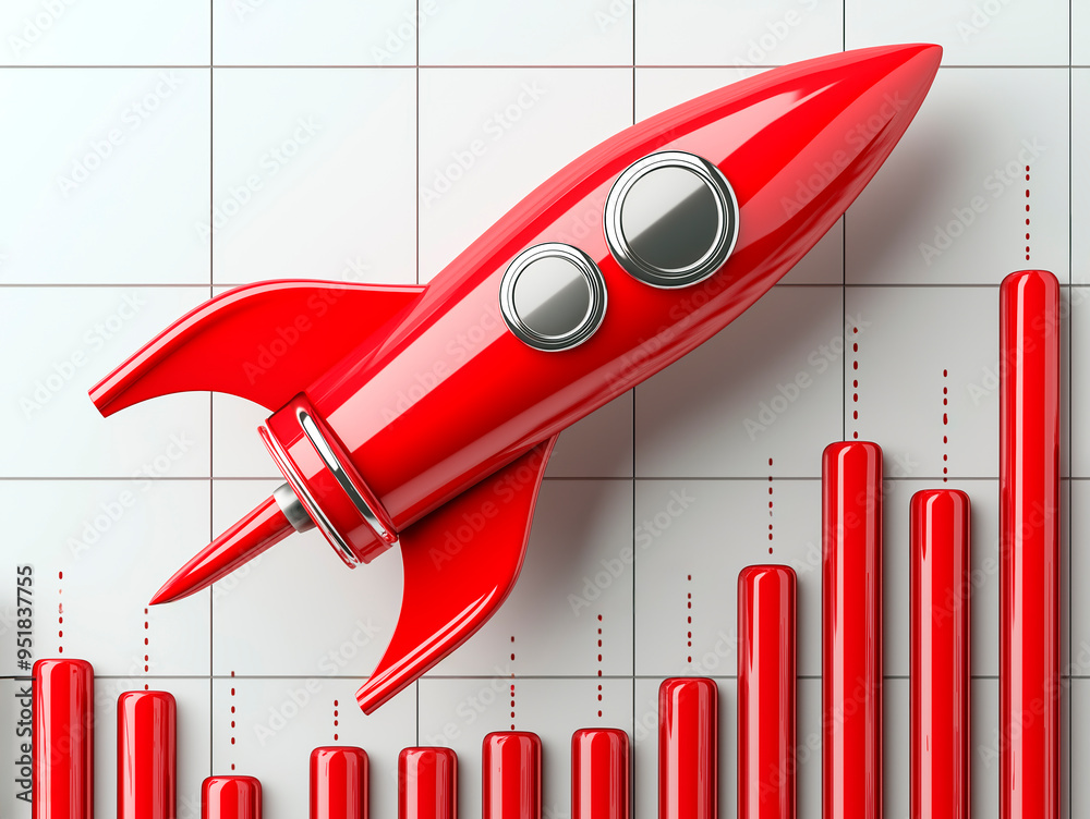 Aufkleber red rocket symbolizing growth and success on a rising bar chart. ai generative.