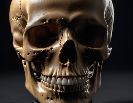 Cr&aacute;neo humano, huesos faciales, esqueleto humano real con iluminaci&oacute;n dram&aacute;tica, muy detallado