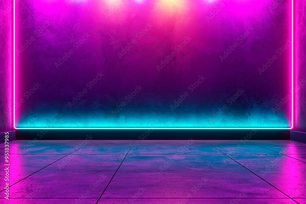 Poster Empty neon-lit room with colorful gradient walls and tiled floor.