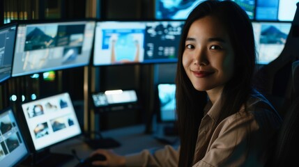 A smiling woman in a tech-driven workspace, surrounded by monitors, highlights joy and proficiency in her technology-oriented profession.