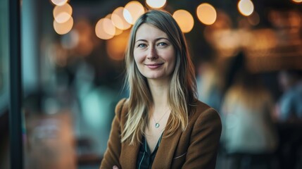 Fototapeta premium A confident woman stands in a lively indoor setting, smiling warmly, exuding positivity and professional charm amidst a bustling backdrop of lights.