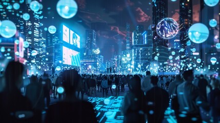 A futuristic urban scene with holographic projections and people moving through a digitally immersive space filled with floating light spheres.