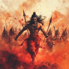 Divine Battle: AI-Generated Watercolor of Shiva Leading Ganas Army. Abstract Cultural Art with Vibrant Blue-Orange Hues. Minimalist Composition for Spiritual Marketing, UI, and Graphic Design Projects