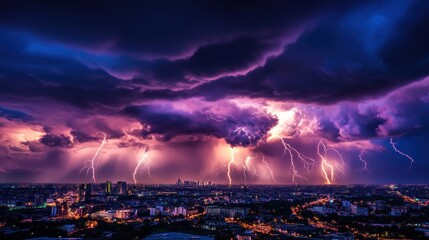 Naklejka premium Dramatic lightning storm over a cityscape at night, with multiple bolts striking across a dark, stormy sky.