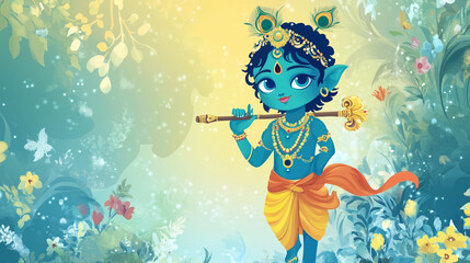 Illustrated Cute Lord Krishna in Vibrant Colors with Flute in Hand, Surrounded by Nature
