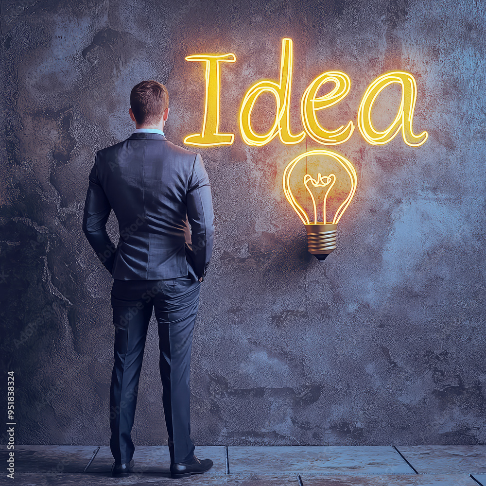 Poster businessman looking at illuminated idea sign with lightbulb on a textured wall background.