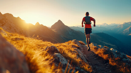 Trail Running Adventure: Man Running at Sunset in the Mountains with Golden Light