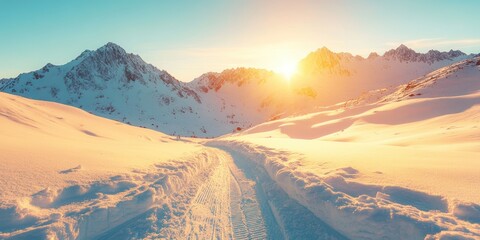 Naklejka premium Snow-covered mountain landscape at sunset with dramatic, jagged peaks and a colorful sky, showcasing nature's winter beauty.