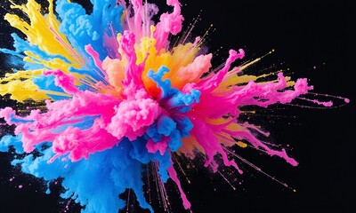 Obraz premium vibrant color explosion, blue and pink clouds, yellow burst, abstract painting, dark background