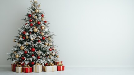 Snow-covered Christmas tree with red and gold ornaments and gifts, isolated on white background. Elegant holiday decor concept.