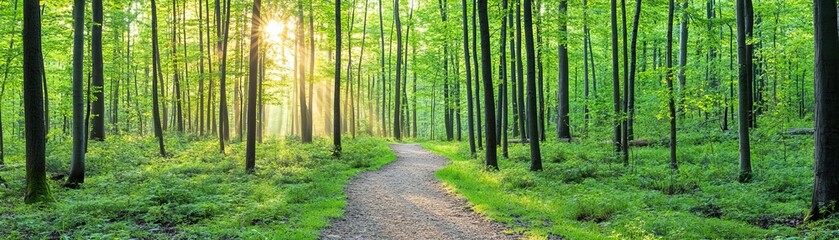 Obraz premium Serene forest hiking trail at dawn, peaceful and quiet, with light mist and golden rays of the rising sun filtering through trees