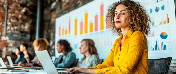 Business team in a meeting room with charts and graphs on the wall, focusing on a woman using a laptop in the foreground.