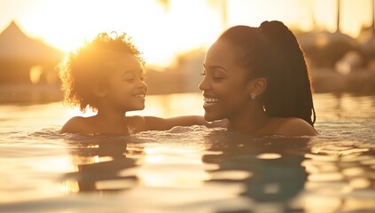 Happy Mom and Daughter Swimming Together at Sunset