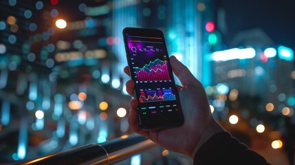 A smartphone displaying various financial graphs against a background of a lit urban environment, denoting the integration of tech and urban lifestyle.