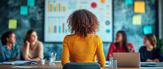 Businesswoman leading a brainstorming session with colleagues in a modern office..