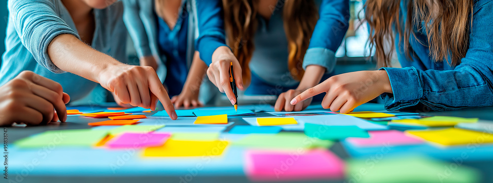Aufkleber Group of people collaborating on a brainstorming session with colorful sticky notes on a table.