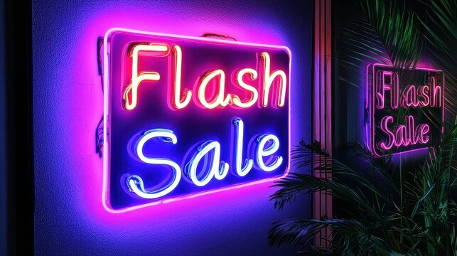 A neon sign that says "Flash Sale" is lit up in a dark room