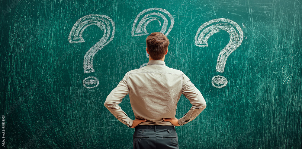 Aufkleber man standing in front of chalkboard with question marks drawn on it, pondering solutions.