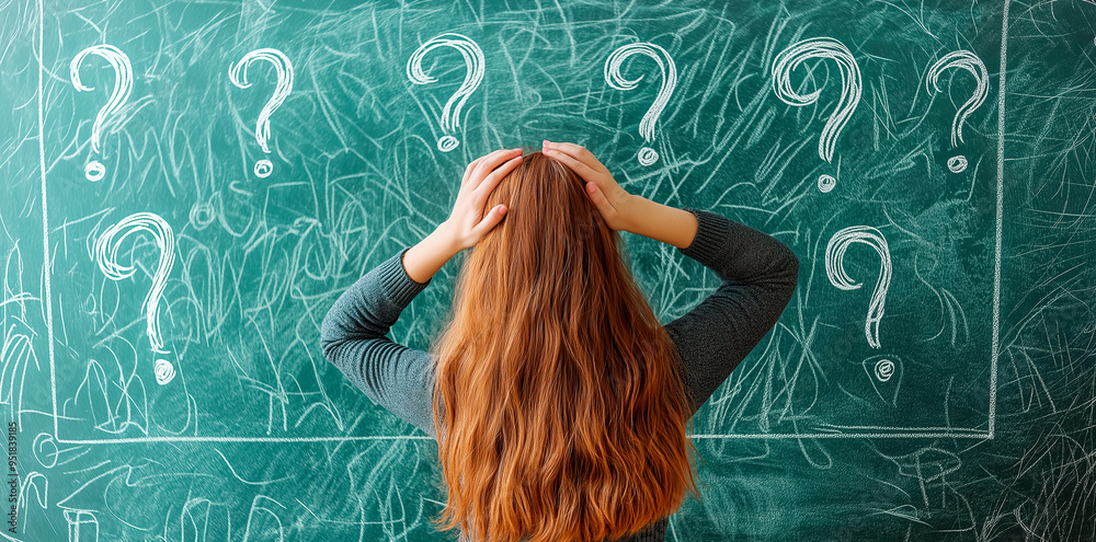 Poster woman holding head in confusion in front of chalkboard with question marks drawn on it.