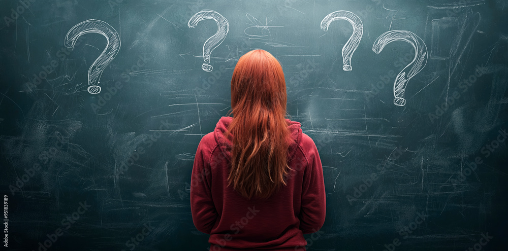 Poster woman facing a blackboard with question marks drawn in chalk, symbolizing uncertainty and curiosity.