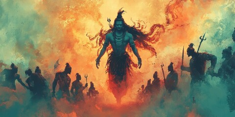 Divine Battle: AI-Generated Watercolor of Shiva Leading Ganas Army. Abstract Cultural Art with Vibrant Blue-Orange Hues. Minimalist Composition for Spiritual Marketing, UI, and Graphic Design Projects