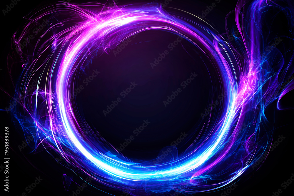 Poster abstract neon light circle on dark background with vibrant colors and swirling patterns.