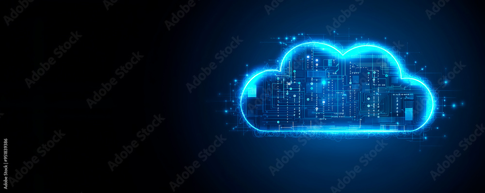 Poster digital illustration of a glowing cloud icon representing online data storage on a dark background.
