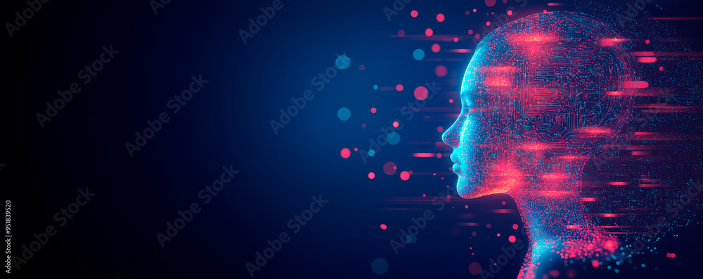 Poster Abstract digital human face with vibrant dots and circuit patterns on a dark background.