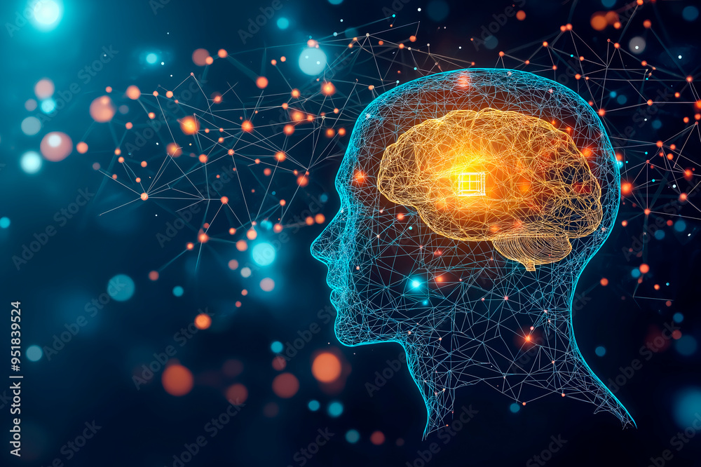 Aufkleber Abstract human head with neural network and glowing brain on dark background. Concept of artificial intelligence and data connectivity.