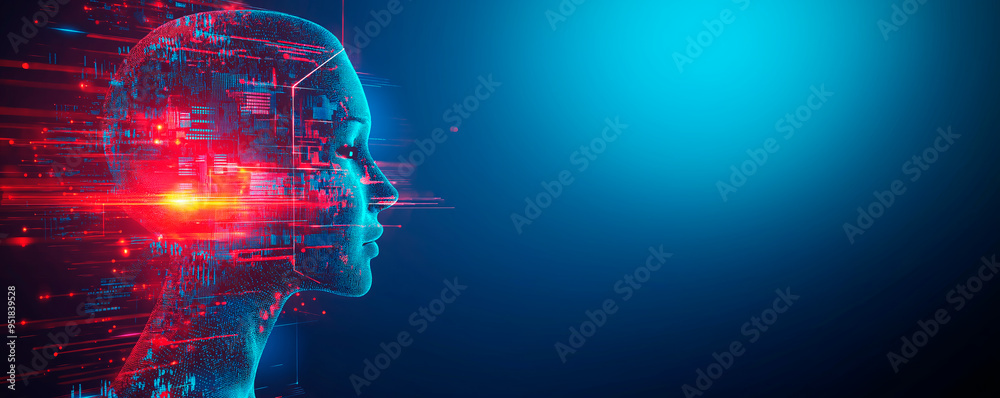 Aufkleber Abstract depiction of artificial intelligence with a human head composed of data and circuits on a glowing blue background.